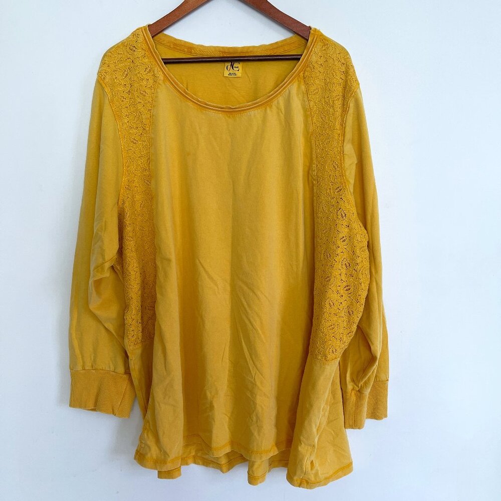 d/C Jeans Woman Yellow Long Sleeve Lace Overlay Pullover T Shirt Top Size 4X